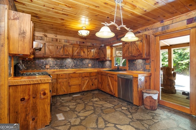 kitchen featuring sink, tasteful backsplash, wooden ceiling, stainless steel dishwasher, and pendant lighting