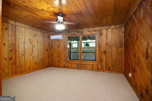 carpeted empty room with ceiling fan, wooden walls, a wall mounted air conditioner, and wood ceiling