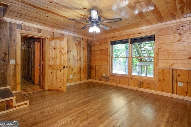 empty room featuring wood ceiling, hardwood / wood-style flooring, ceiling fan, and wood walls