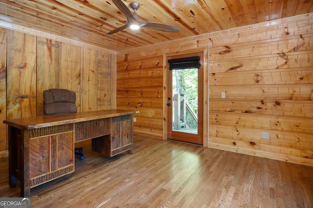 unfurnished office with wood-type flooring, wooden ceiling, and wooden walls