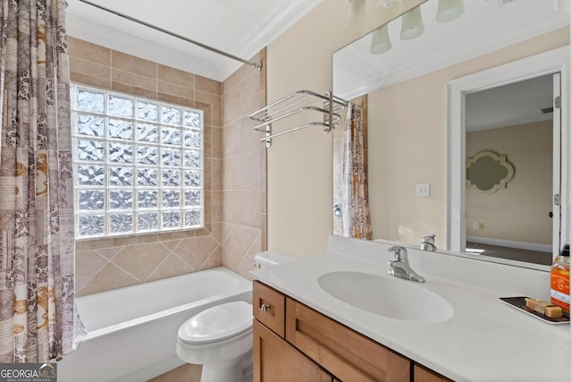 full bath with shower / bath combination with curtain, a wealth of natural light, crown molding, and vanity