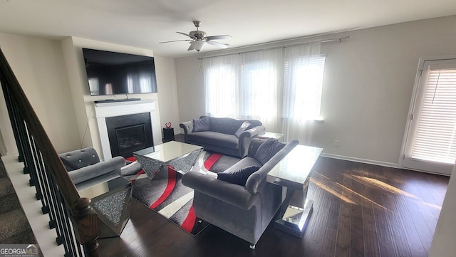 7157 Gladstone, Stonecrest, GA 30038 - living room with hardwood / wood-style flooring, a fireplace, baseboards, and a ceiling fan