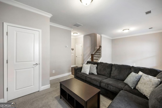 living room featuring light carpet and crown molding