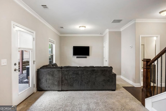 living room featuring carpet and crown molding