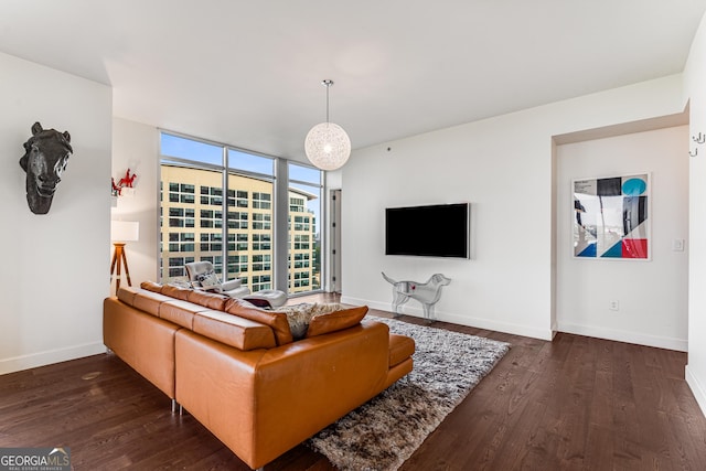 living room featuring dark wood-type flooring and expansive windows