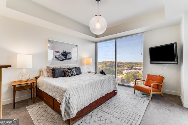 bedroom with a tray ceiling and light colored carpet