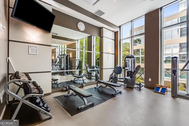 workout area featuring a wall of windows