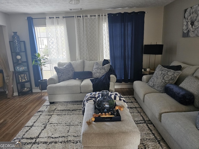 living room with wood-type flooring and a textured ceiling