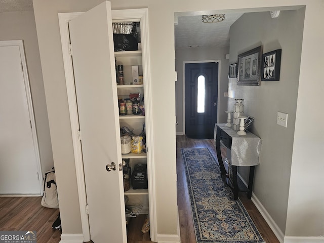 foyer entrance featuring a textured ceiling and dark hardwood / wood-style flooring