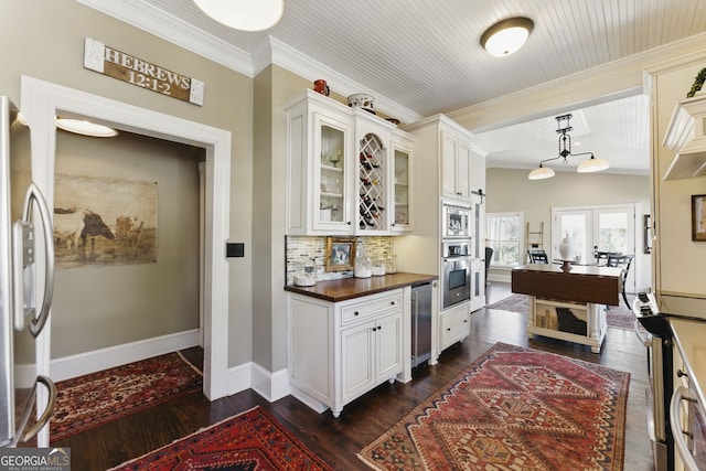 kitchen with wine cooler, stainless steel appliances, dark wood-type flooring, tasteful backsplash, and glass insert cabinets