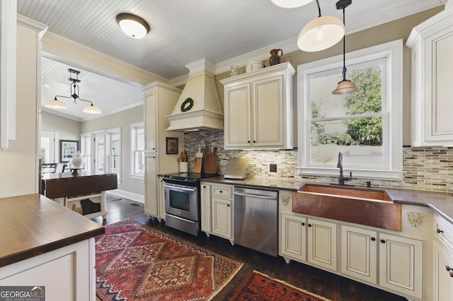 kitchen featuring custom exhaust hood, a wealth of natural light, appliances with stainless steel finishes, and a sink