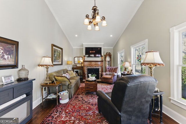 living area with a fireplace, baseboards, and dark wood finished floors