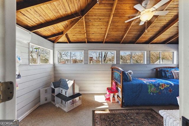 sunroom featuring a ceiling fan, an AC wall unit, wooden ceiling, and vaulted ceiling with beams