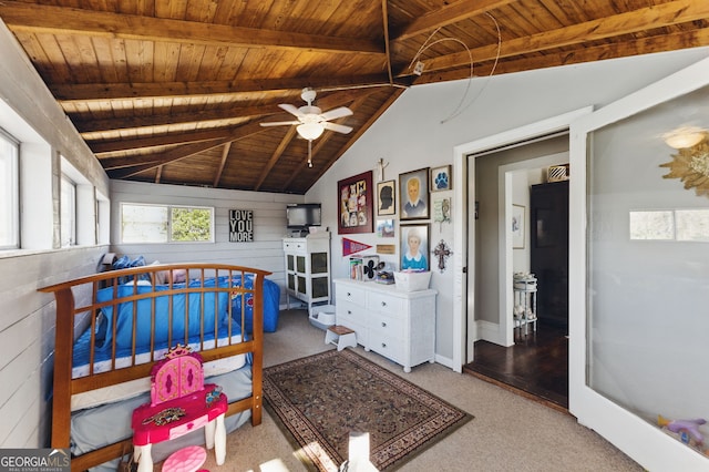 bedroom with carpet, wood ceiling, and lofted ceiling with beams