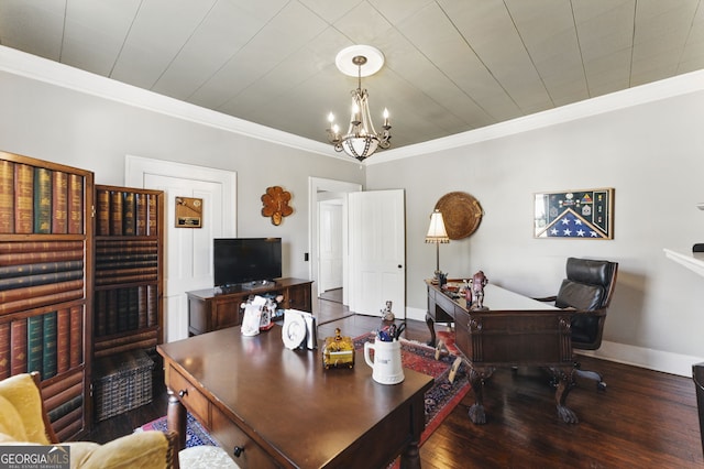 office featuring a notable chandelier, ornamental molding, wood finished floors, and baseboards