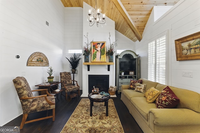 living room with a fireplace, a chandelier, wood ceiling, wood finished floors, and high vaulted ceiling