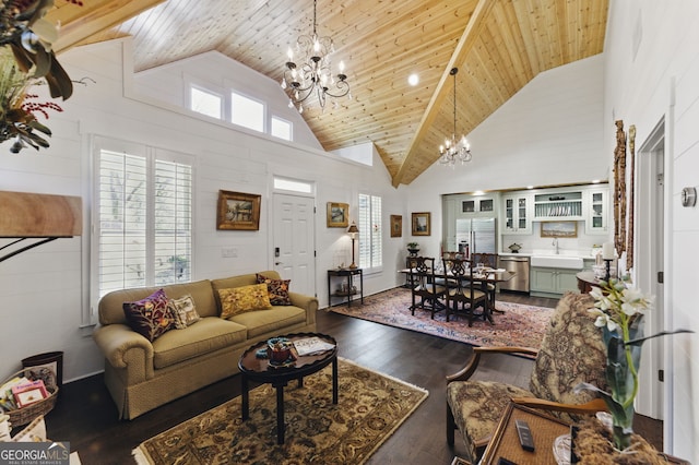 living room featuring high vaulted ceiling, wooden ceiling, wood finished floors, and an inviting chandelier