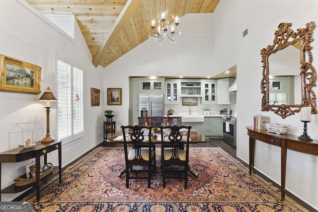 dining area featuring an inviting chandelier, wood ceiling, visible vents, and high vaulted ceiling