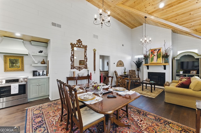 dining space featuring wooden ceiling, dark wood finished floors, visible vents, and a notable chandelier