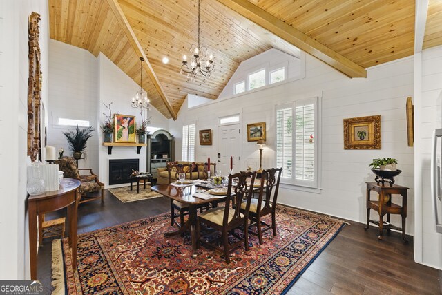 dining room with dark wood-style floors, wooden ceiling, a fireplace, and a notable chandelier