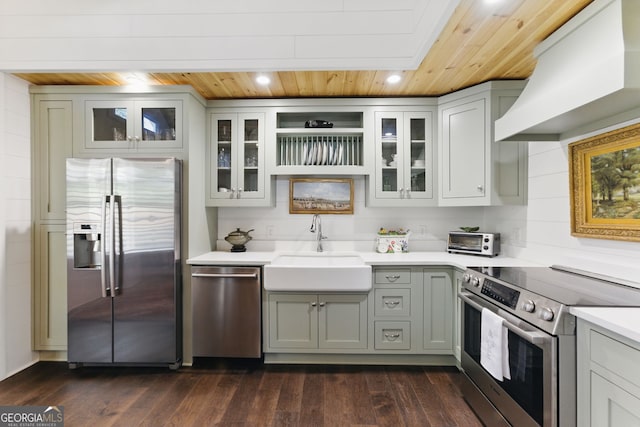 kitchen featuring wooden ceiling, premium range hood, a sink, light countertops, and appliances with stainless steel finishes