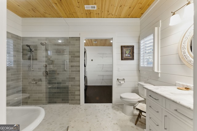 full bath featuring wooden ceiling, tiled shower, visible vents, and toilet