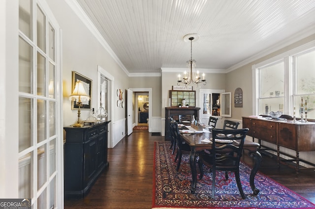 dining room with crown molding, an inviting chandelier, dark wood-type flooring, wainscoting, and wooden ceiling