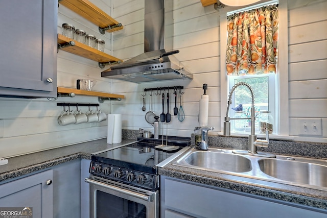 kitchen with sink, exhaust hood, electric range, and gray cabinetry