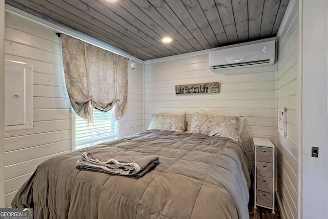 bedroom with a wall mounted air conditioner, wooden ceiling, wooden walls, and electric panel