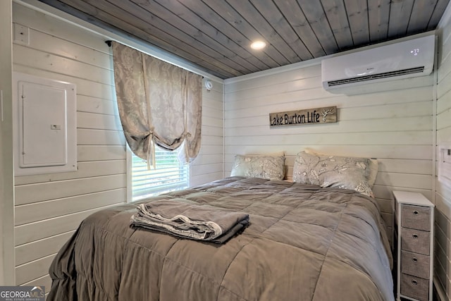 bedroom featuring wood ceiling, electric panel, a wall mounted AC, and wood walls