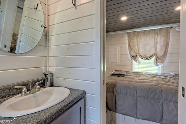 bathroom with vanity and wood walls