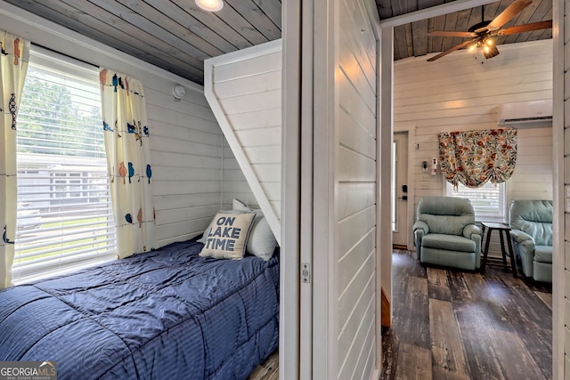 bedroom with wood ceiling, wooden walls, an AC wall unit, and dark wood-type flooring