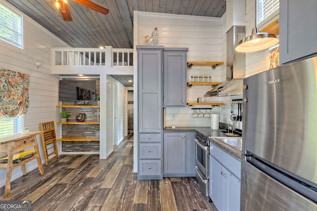 kitchen with dark hardwood / wood-style floors, wooden walls, ventilation hood, stainless steel appliances, and wooden ceiling