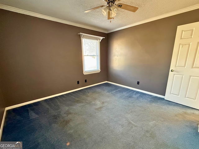 empty room featuring ornamental molding, carpet, ceiling fan, and a textured ceiling