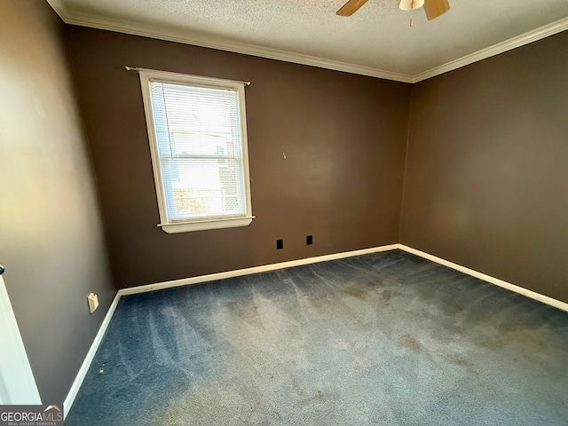 carpeted spare room with ornamental molding, a textured ceiling, and ceiling fan