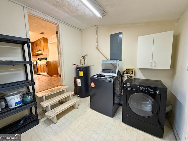 laundry room featuring cabinets, washer and clothes dryer, electric panel, electric water heater, and a textured ceiling