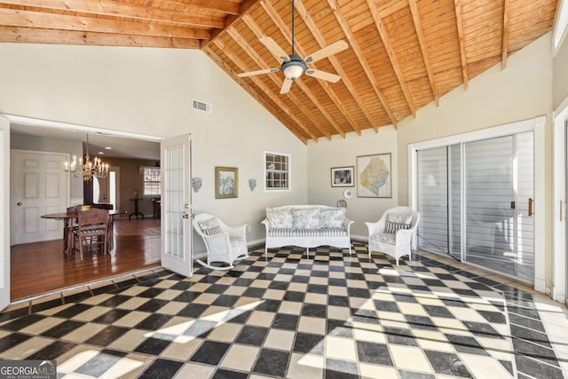 sitting room featuring high vaulted ceiling, visible vents, wood ceiling, a chandelier, and baseboards