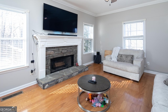 living room featuring ornamental molding, wood-type flooring, and a fireplace