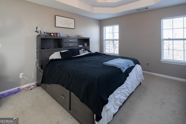 carpeted bedroom featuring a raised ceiling and multiple windows