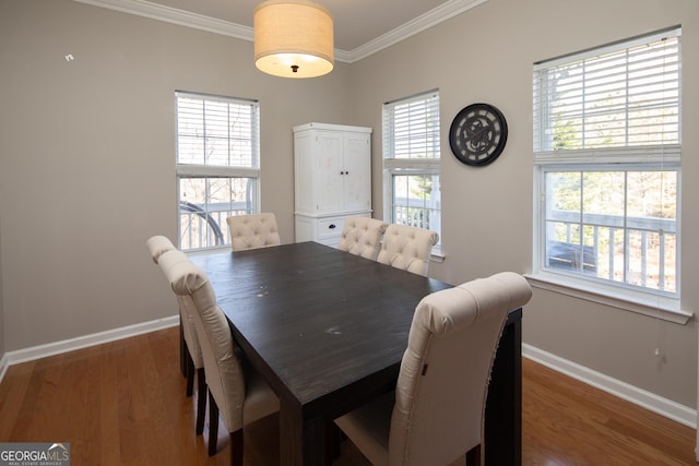 dining room featuring crown molding, dark wood-type flooring, and a wealth of natural light