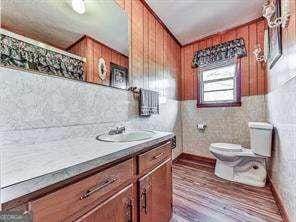 bathroom with toilet, vanity, and wood finished floors