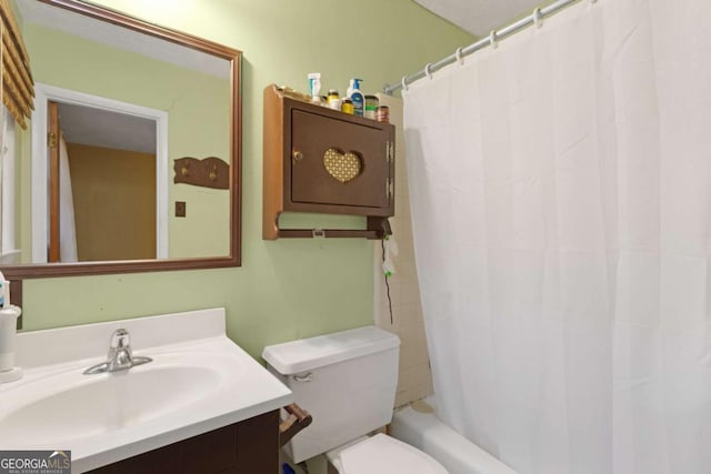 full bathroom featuring vanity, shower / bathtub combination with curtain, and toilet