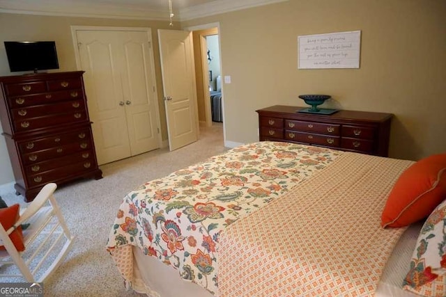 bedroom with light colored carpet and ornamental molding