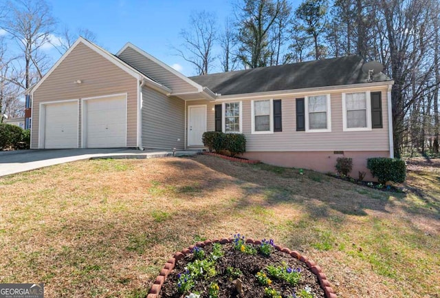 ranch-style home with a front lawn and a garage