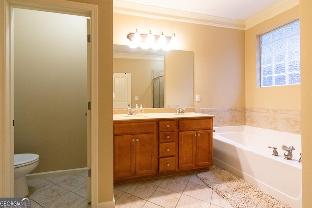 bathroom with ornamental molding, a tub, and tile patterned floors