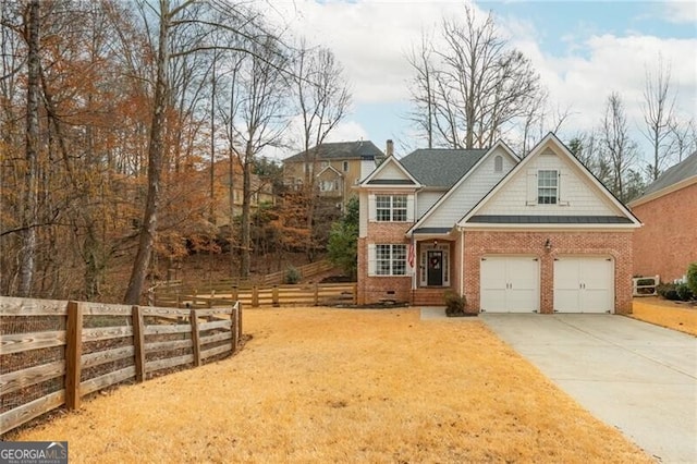 view of front of house with a garage, brick siding, fence, concrete driveway, and crawl space