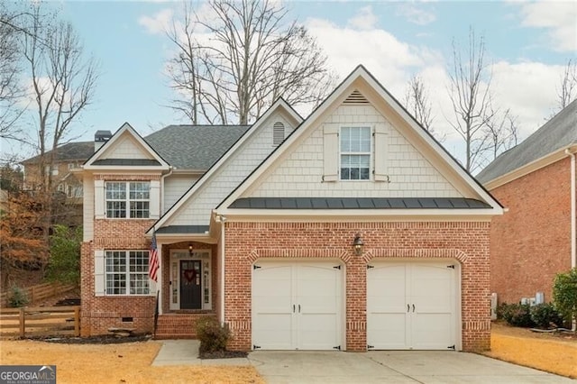 view of front facade featuring brick siding, fence, driveway, crawl space, and a standing seam roof