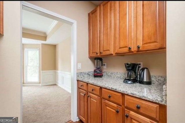 bar with crown molding, light colored carpet, and light stone counters