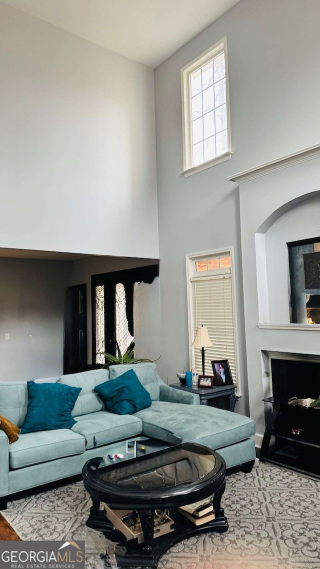 living room featuring a high ceiling