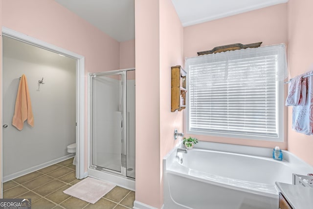 full bathroom featuring tile patterned flooring, vanity, independent shower and bath, and toilet